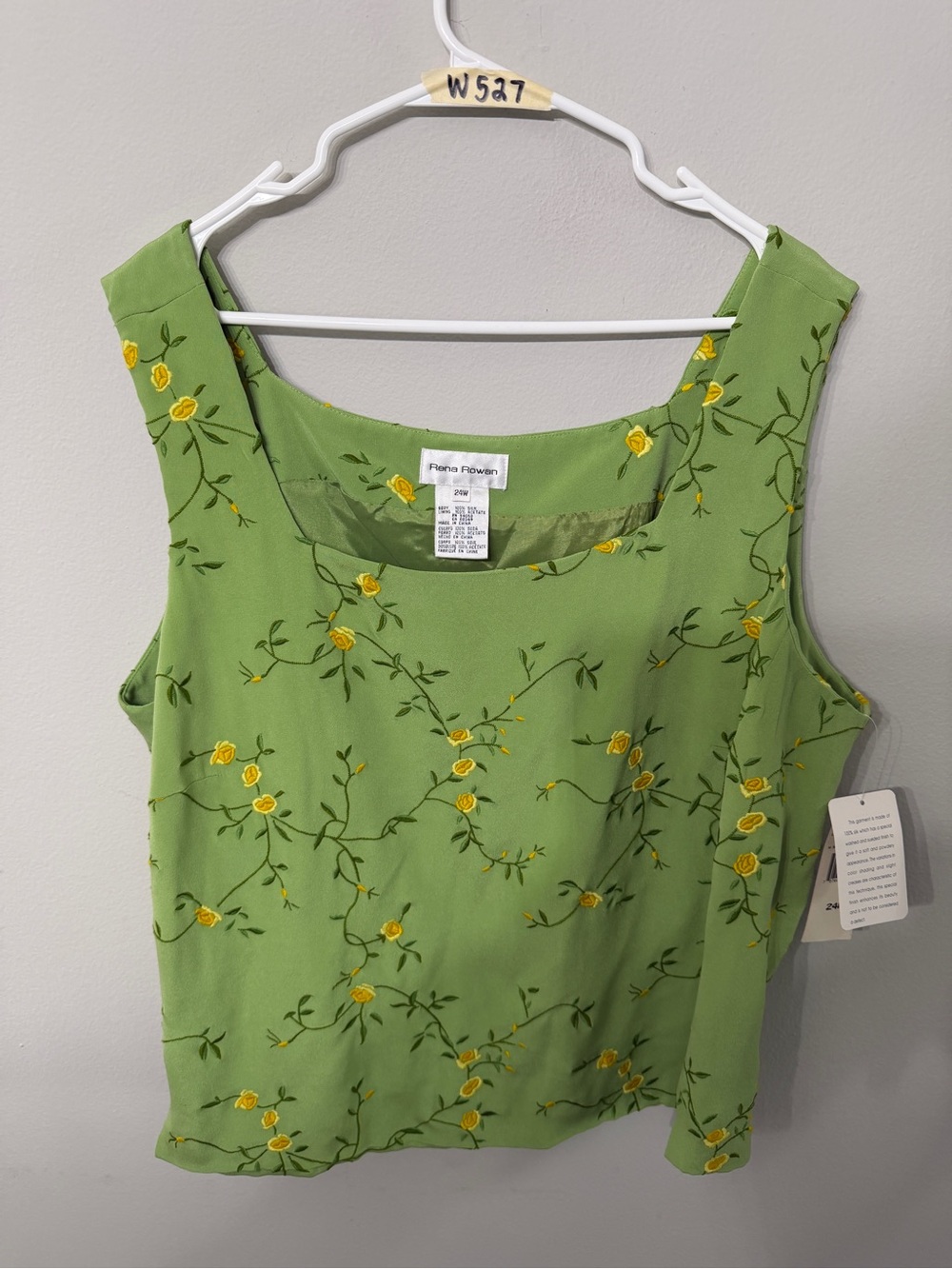 Women’s Rena Rowan 24W Green 100% Silk Embroidered Floral Shell Plus Size NWT